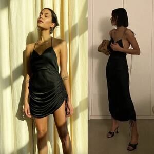 Orseund Iris | Drawstring Dress in Black Ruched Satin Slip Dress S
